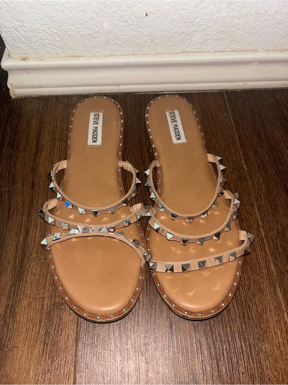 Steve Madden Beige Studded Triple-Strap Slide Sandals